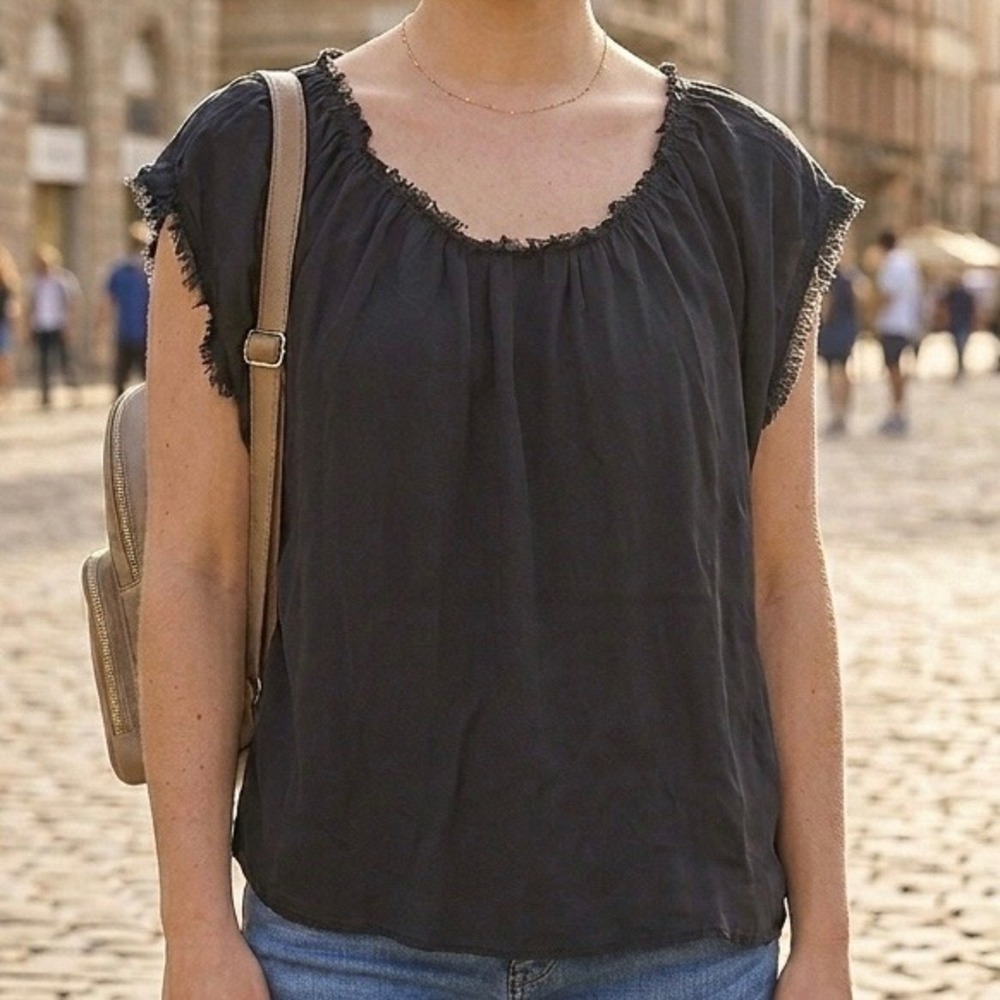 Joie Silk Fringe Trim Cap Sleeve Black Blouse Top Small